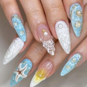 Trendy Summer Nail Designs, Summer Picnic Ocean Nail Art, Hand-painted & 3D Sculpted, Starfish Nail, Holiday/Party Nails, Made to Order.