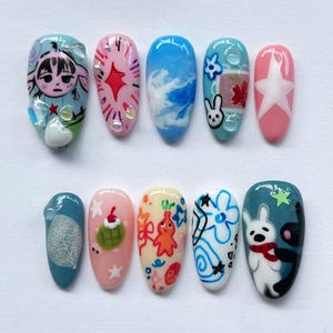 Gaspard & Lisa Press On Nails, Pikmin Nails, Colorful Nails, Cute Nails, Artistic Nails, Fantasy Nails, Whimsical Anime Nail, Japanese Nails