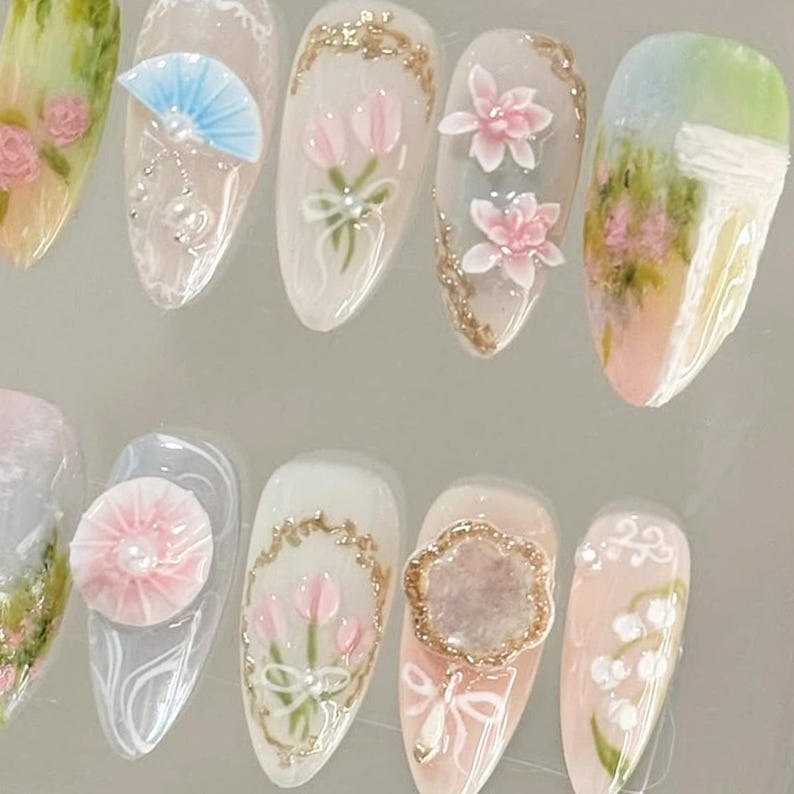 Press On Nails, Spring Nails, Flower Nail Designs, Fairy Tale Nails, Butterfly Nails, Spring floral press-on nails, 3D lotus nails, almond nail art, fairytale flower nails, glue-on nails, pink nails, party nails, gift for her, unique nail art