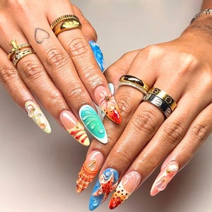 Estrela do mar 3D com concha longa amêndoa unhas de pressão, unhas postiças/falsas de verão, design feito à mão arte de unhas postiças para férias, férias, unhas de gel