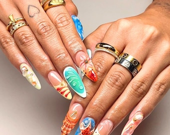 Uñas postizas de verano con diseño de estrella de mar en 3D y conchas marinas, diseño de almendras largas, uñas postizas hechas a mano para vacaciones, uñas de gel