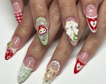 Hand-painted Kawaii 3D Cat, Doll Press On Nails, Red & Green Cute Acrylic Nail Art, Long Almond Cartoon Nails, Anime Nails, Totoro Nails.