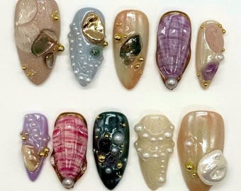 Crystal Almond Press On Nails, Summer Nail Art With Pearls, Seashell, 3D Gel Nails, Holiday Nails, Handmade Press On Nails for Summer Vibes.