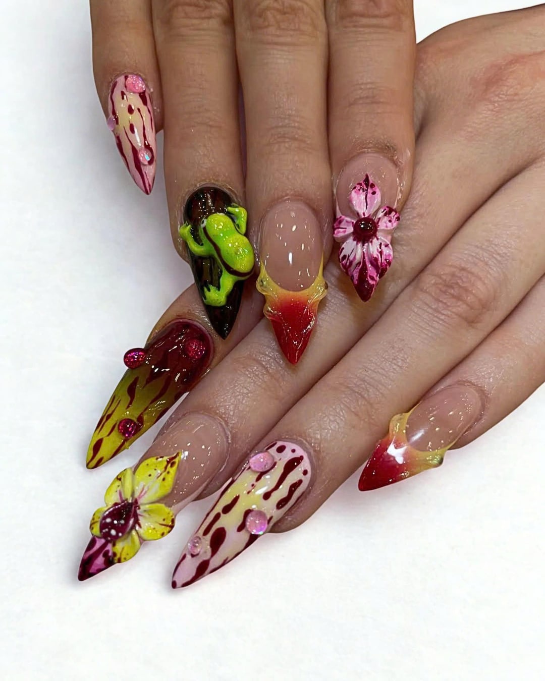 Nail Rax Kawaii Frog Press on Nails Handmade Long Stiletto Floral Y2K Cute ...