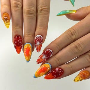 Vibrant Summer Press-On Nails, Handmade Long Almond Nail With Colorful, Sweet Fruit Designs, Nail Art for Holiday, Party, Fruit Nails, Gifts