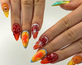 オレンジ、マンゴーのプレスオンネイル、夏好きのためのフレッシュ