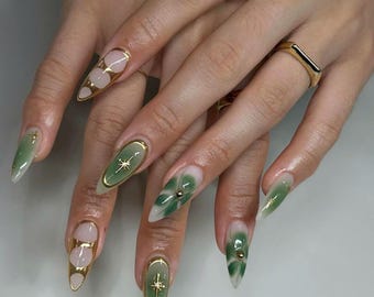 Handbemalte Türkis Farbe Press-On-Nägel, Benutzerdefinierte Blumennägel, Benutzerdefinierte Acryl Gefälschte Nägel, Kleber auf den Nägeln, 3D Gel-Nägel, Geburtstags-Nagelset.