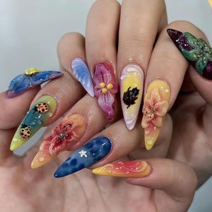 Ladybug & Flower Garden Almond Press On Nail, Hot Trend Spring-Summer Nail Set, 3D Flowers Press On, Custom Fake Acrylic Nail, Glue On Nails
