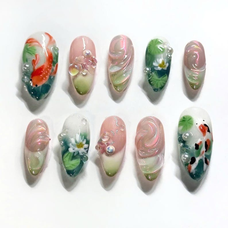 nail art, press on nails, fake nails, free style nails, unique design nails, custom nails, trendy nails, statement nails, hand-painted nails, elegant nails, party nails, french tip nails, koi nails, koi fish nails, lotus nails, Asian nail art