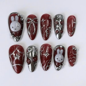 Custom 3D Miffy Press On Nails, Chic Red and Silver Nail Art with Cherry, Silver Bow, Kawaii Miffy Bunny Nail Set, Cute Nails, Nail Charms.