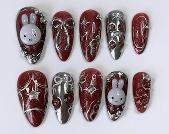 Custom 3D Miffy Press On Nails, Chic Red and Silver Nail Art with Cherry, Silver Bow, Kawaii Miffy Bunny Nail Set, Cute Nails, Nail Charms.