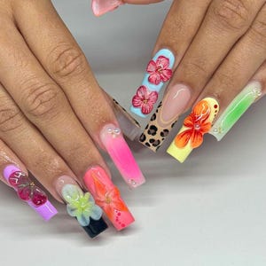 Leopard Print Nails, 3D Flowers Press On Nails, Hand-painted French Tips Nail Set, Romantic Nail Art in Fake Nail, Spring Nail, Glue On Nail