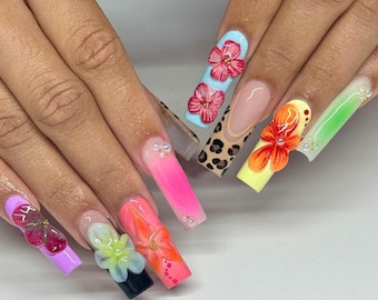 Leopardenmuster Nägel, 3D Blumen Presse auf den Nägeln, handbemalte französische Spitzen Nagelset, Romantische Nagelkunst im künstlichen Nagel, Frühlingsnagel, Kleber auf Nagel