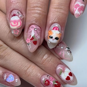 Cat Lover Press On Nails, Strawberry Nails, Custom press on nails, Handmade Press on Nails, Fake Acrylic Nails, Gel Nail Art, Cherry Nails.