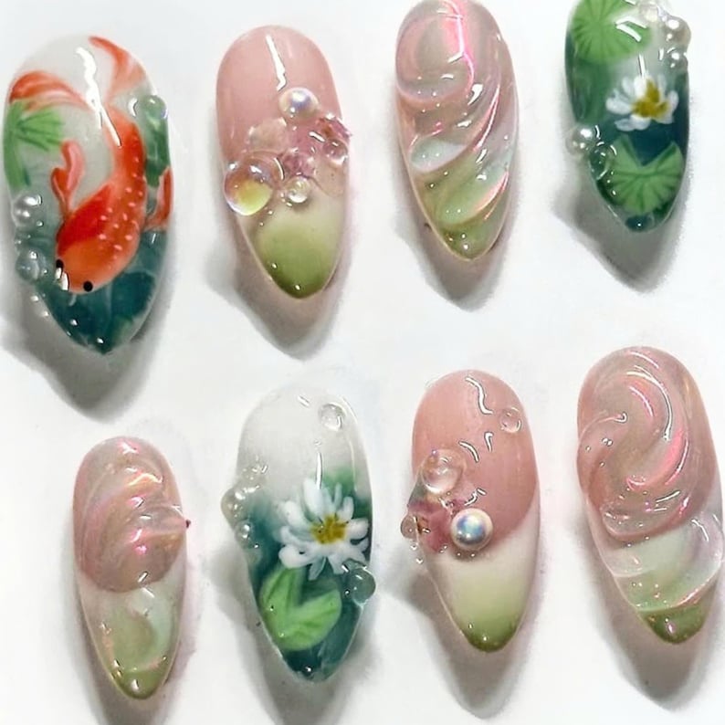 nail art, press on nails, fake nails, free style nails, unique design nails, custom nails, trendy nails, statement nails, hand-painted nails, elegant nails, party nails, french tip nails, koi nails, koi fish nails, lotus nails, Asian nail art