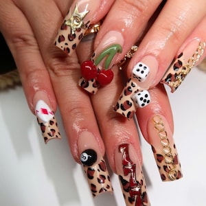 Las Vegas Party Press On Nails, Long Square Nails With Red Cherries, Cheetah Print, Unique Nail Art for Casino Lover, Billiards Nail, Gifts.
