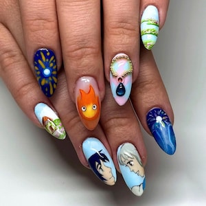 Howl's Moving Castle Inspired Press On Nails, Anime Nail Art with Cute Characters, Glitter, Rhinestones, Unique Kawaii Nail for Anime Lovers