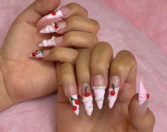 Unique Birthday Nails, Press On Nails Almond, Sweet Party Press-Ons with Cake, Cherry, Handmade Fake Acrylic Nail, Holiday Nails, Gel Nails.