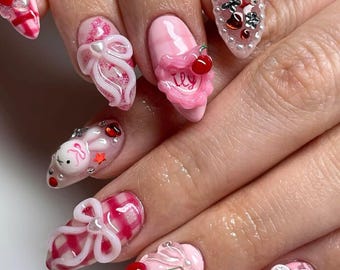 Juego de uñas único I LOVE YOU, uñas postizas de San Valentín en color rosa, uñas postizas de corazón de ensueño, uñas postizas acrílicas de San Valentín en color almendra, uñas románticas, regalo