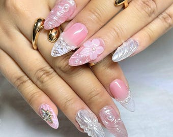 Elegant Bridal Press On Nails, Handmade Pearl & Lace Wedding Nails, Soft Pink 3D Flower Design, Luxury Custom Bride Nails Set