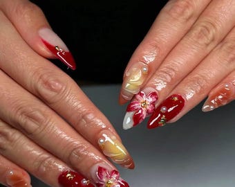 3D Dry Flower Press On Nails, Autumn Long Almond Nail Set, Fairytale Press Ons, Romantic Nail Art in Fake Nails, Amber Nails, Gift for her.