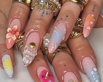 Beach Press On Nails, 3D Shell Starfish Pearl Nail Art, Handmade Summer Ocean Fake Nails, Tropical Vacation Nail Design Gift, Holyday Nails.