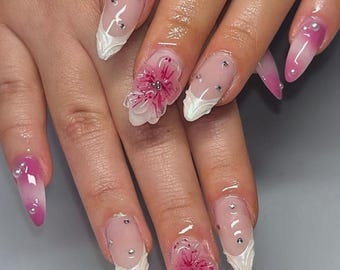 Pink Flower With French Tip Press On Nails, Custom Nails, Pink Nails, Glue On Nails, 3D Nails, Gel Nails, Romantic Nail Art in Fake Nails.