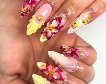 Summer Inspired Press On Nails, Summer Press On with 3D Flower, Sesashell, Star Fish, Unique Fake Nail Art for Holiday Party, Vacaton, Gifts