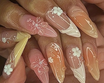 Dreamy Floral Press On Nails, Spring Nails, Jelly Pastel Flower Nail Art, Romantic Nail Art in Fake Nails, 3D FairyCore Flower Nail Press On