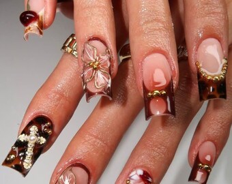 Romantische Herbst Presse auf den Nägeln, lange Quadratische Nagelset mit Blume, Kirsche, Französische Spitzen Nagel, Schildpatt Nägel, Herbst Nagel Kunst, Trendy Nagel