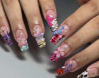Speckled Flowers Press On Nails, Custom Fake Acrylic Nails, Hot Trend Summer Nails, 3D Fairy Tales Nails, Dreamy Nail Set, Birthday Nails.
