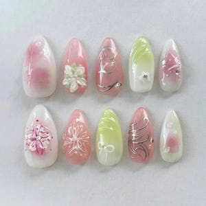 Morning Blossom Flowers Press On Nails, Floral Nails Art, Fairy Tale Inspired Almond Fake Nails, Spring Nails, Holiday Nails, Gifts for Her.