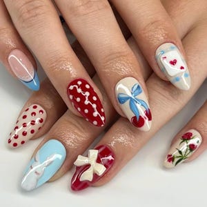 Romantic Valentine Press On Nails, Handmade Almond Nail With Cherry, French Tips, Spring Nails, Fake Nail for Birthday, Party, Gifts for Her