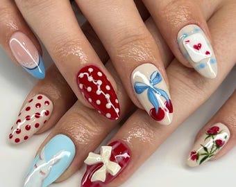 Romantic Valentine Press On Nails, Handmade Almond Nail With Cherry, French Tips, Spring Nails, Fake Nail for Birthday, Party, Gifts for Her