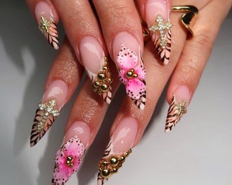 Brown Nail Set, Dreamy Floral Press-Ons, Press On Nails Stiletto, Leopard print Press On Nails, Handmade Acrylic Autumn Fake Nail, Fall Nail