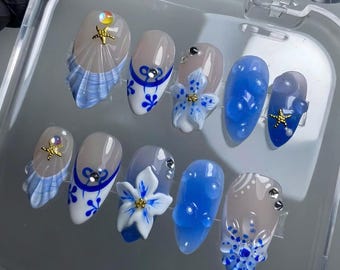 Blue Nails With 3D Flower, Seashell Almond Press On Nails, Y2K Emo Chrome Nails, Hand-painted Summer Fake Nails, Holiday Nails, Glue On Nail