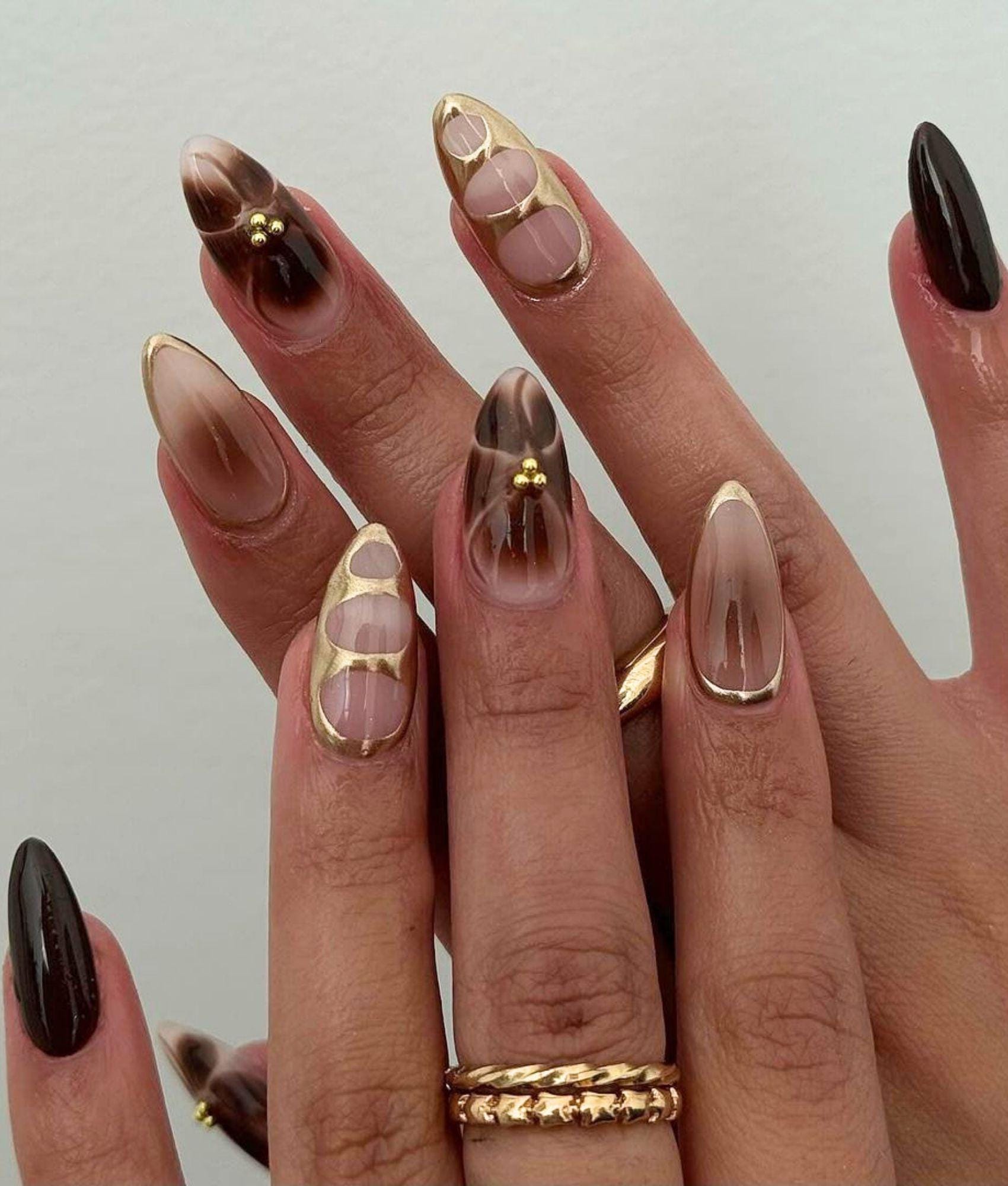 Delicate Boho Brown Nails That Shine