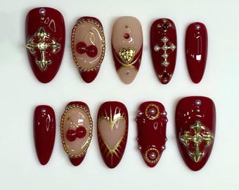 Handmade Chic Red Press On Nails with Cross Charm, Cherry, Red/Gold Cherry/Heart, Valentines Nail Art, Edgy Nails for Party Holiday, Gift.