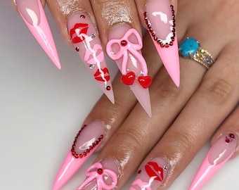 Unique Valentine Press On Nails, Dreamy Heart Press-Ons with Cherry, Kiss, Stiletto Nails, Valentine Acrylic  Fake Nails, Romantic Nail Set.