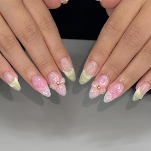 Pinky Floral With French Tips Press On Nails, Hand-painted Nail, Birthday Nail Set, Custom Acrylic Fake Nails, Glue On Nails, Gel Nails.