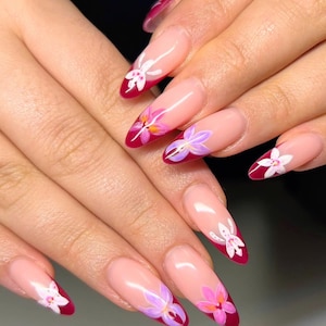 Flower Garden Press On Nail, Custom Handmade Nail Art, Spring Inspired Fake Nail with French Tips, Red Nail, Spring-Summer Nail Wedding Nail
