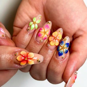 Handmade 3D Floral Garden Press On Nails, Colorful Flower Nail Art, Spring Summer Nail Set, Almond False Nails, Holiday/Party Nails, Gifts.