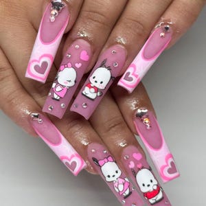 Cute Pink Valentine Press On Nails, Unique Chrome Nail Art, Dreamy Heart Press-Ons, Handmade Acrylic Valentine Fake Nails, Wedding Nails.