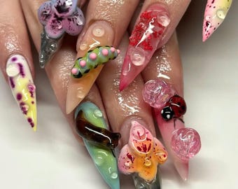 Insect & Flower Garden Stiletto Press On Nail, Hot Trend Spring-Summer Nail Set, 3D Flowers Press On, Custom Acrylic Fake Nail, Glue On Nail