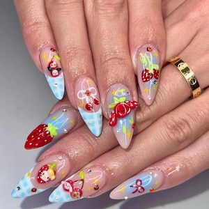 Strawberry Garden, Miffy Bunny Press On Nails, French Tips Nail, Valentine Nail, Trendy Nail, Spring Nails, Long Stiletto Nail, Gift for her