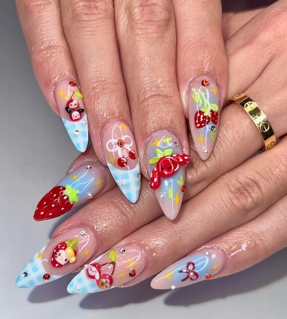 No168 ネイル うさ耳 うさぎ バニー Strawberry Garden, Miffy Bunny Press on Nails, French Tips Nail