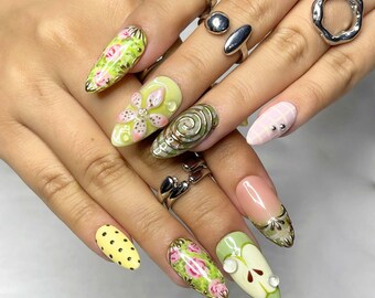 Fresh Green Press On Nails, Floral Fruit Nail Art, Cute Spring Summer Nails, Custom Pastel Nail Set, Kawaii Apple Kiwi Design, Gift for Her