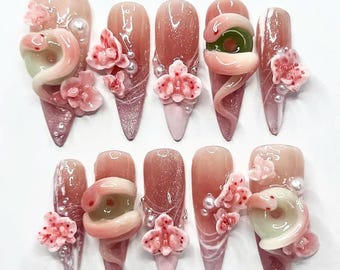3D Sculpted Snake Press On Nails, Asian Inspired Nail Art with Snake, Lotus Flower, Jade, Wild Natural Nail Set, Canival Fake Nails, Gift.