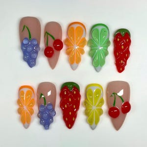 Summer Nail Designs with Vibrant Fruit, Summer Picnic Fruit Nail Art, Hand-painted & 3D Sculpted, Trendy Nail For Holiday, Made to Order.