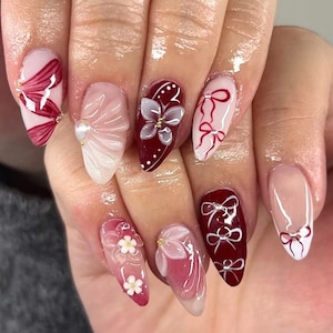 Burgundy Nails Press On, Handmade Almond Nail Set with Flower, Lips, Romantic Nais, Summer-Autumn Nails, Cute Valentine Nails, Gift for her.